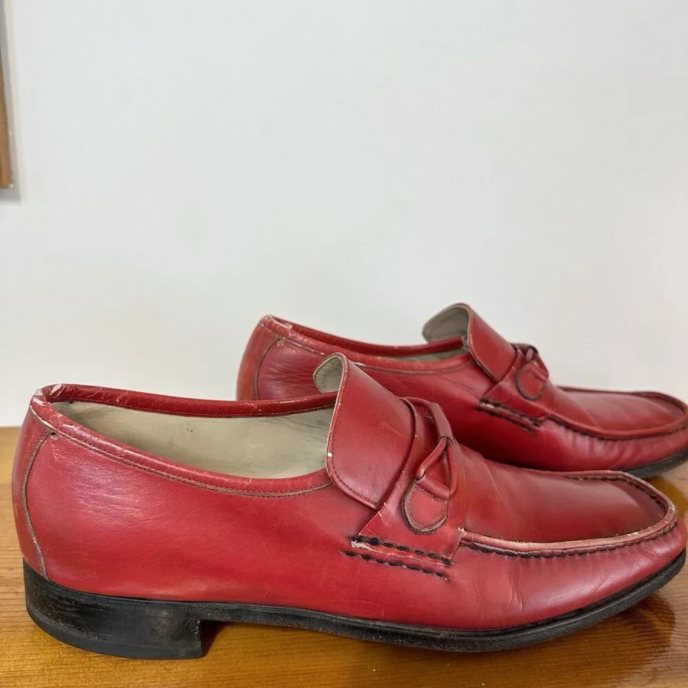 Vintage 70s Florsheim Red Leather Loafers Men 9.5 C Shoes 1970s Mod